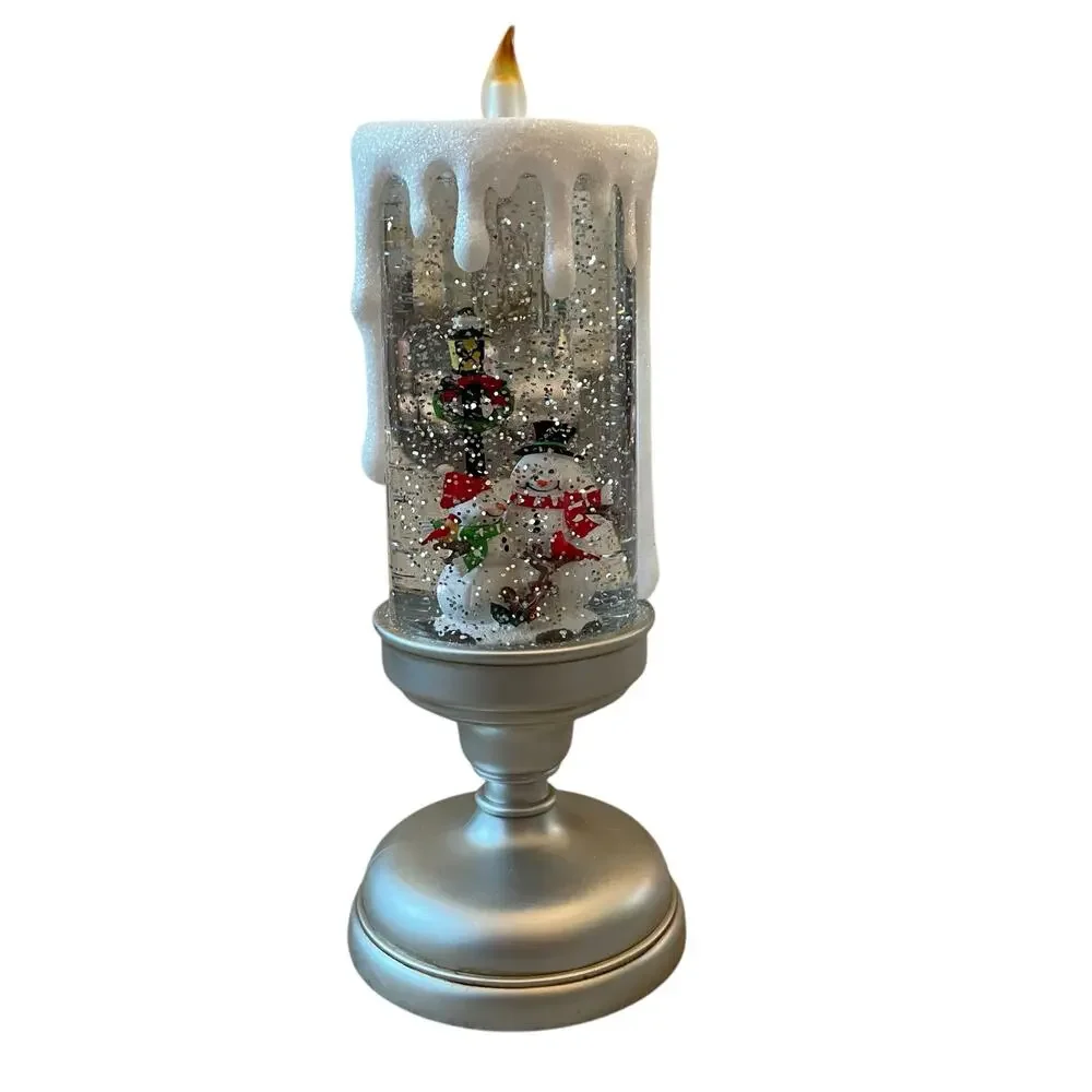 Illuminated Silver Glitter Pedestal Candle 13in Christmas Holiday Snowman New